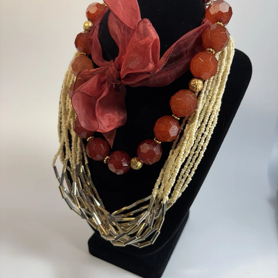 Lote Collar Cuentas Tono Dorado Rojo Grueso Cuentas Sobre Cinta Foto 3 de 4