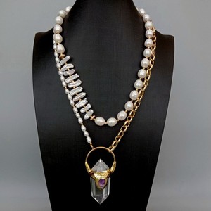 Authentic Natural White Biwa Pearl Necklace Double Point Quartz In Gold Plated Pendant 21"