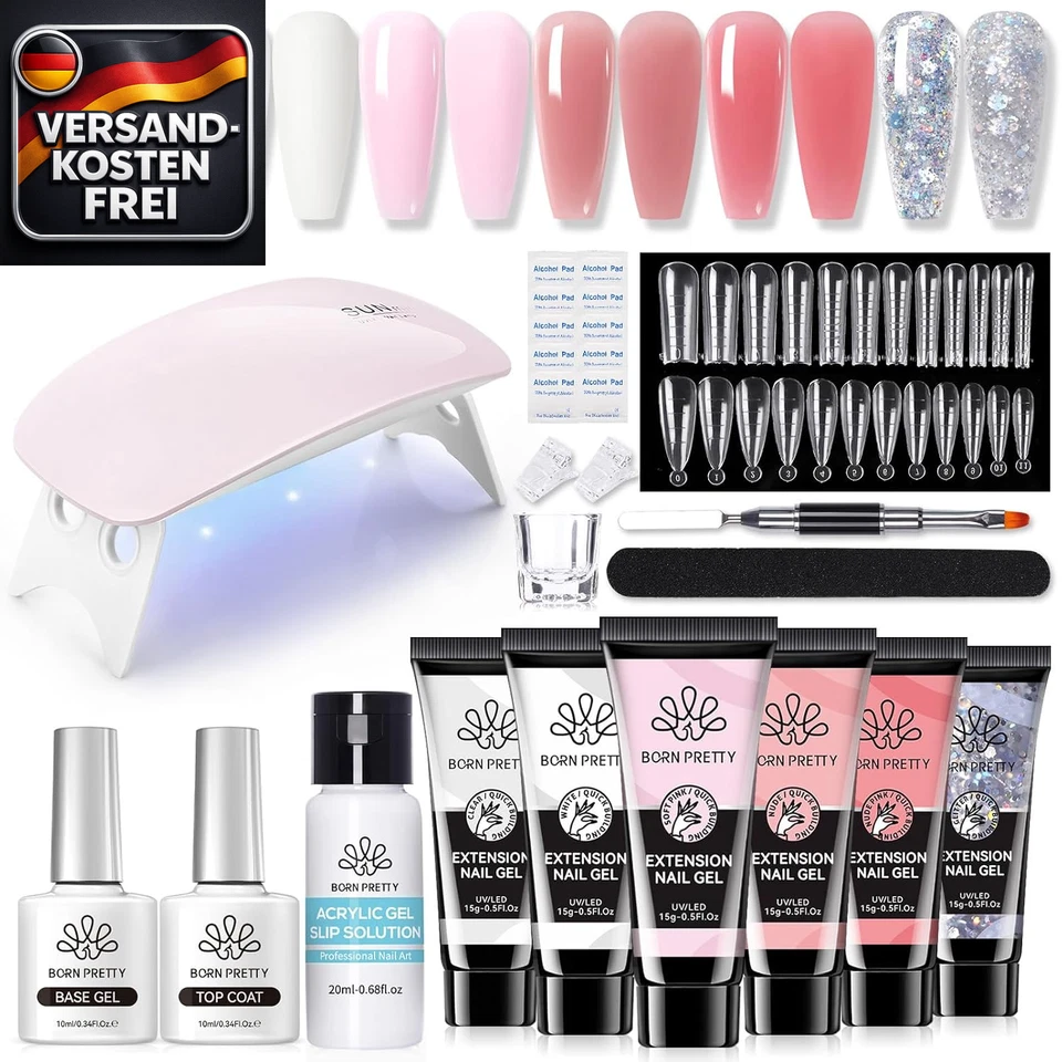 Born Pretty Polygel Starter Set UV Lampe Nagelset 6 Farben Transparent Weiß Nude