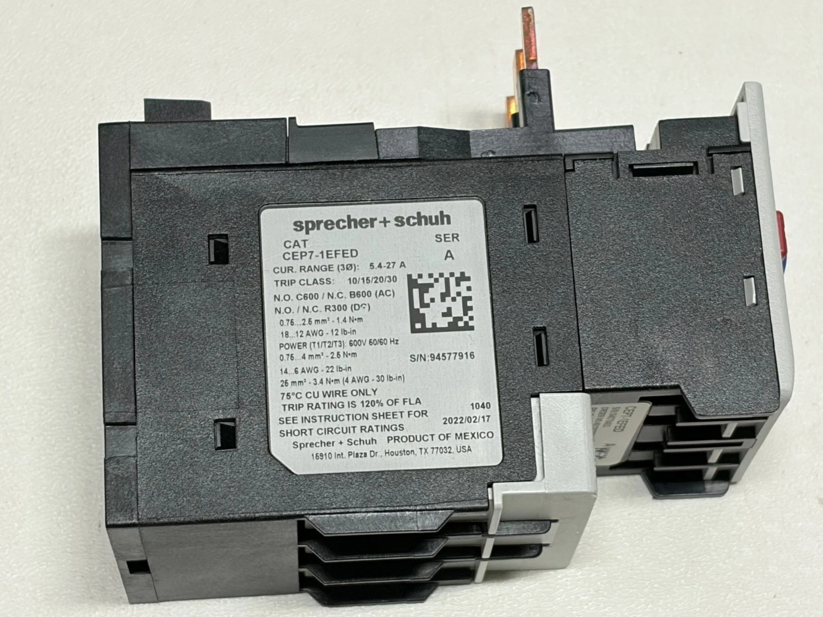 Sprecher + Schuh CEP7-1EFED Overload Relay 5.4-27-Amp