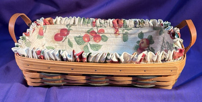 2001 Longaberger Rich Brown Bread Basket w/ fruit print liner & protector