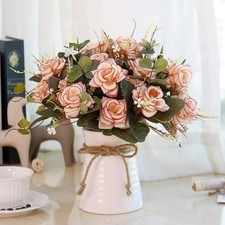 Artificial Rose Flowers in Vase,Fake Silk Flower Bouquets with Ceramics