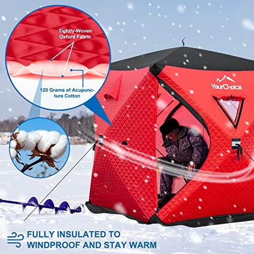  Pop Up 3-4 Person Ice Fishing Shelter, Fully Insulated, Windproof and 1Red
