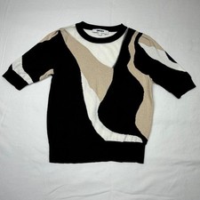 DKNY Womens Abstract Colorblock Short Sleeve Sweater Black Tan Metallic Medium