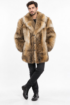Men s Real Coyote Fur Jacket, Handmade Luxury Brown Warm Winter Natural Fur Coat