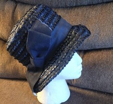 GREAT VINTAGE WOVEN STRAW HAT Union Made USA NAVY BLUE With Ribbon Size 7 1960's