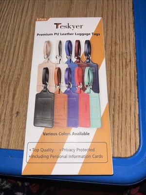 Teskyer Premium Leather Luggage Tags Black 3 Pk