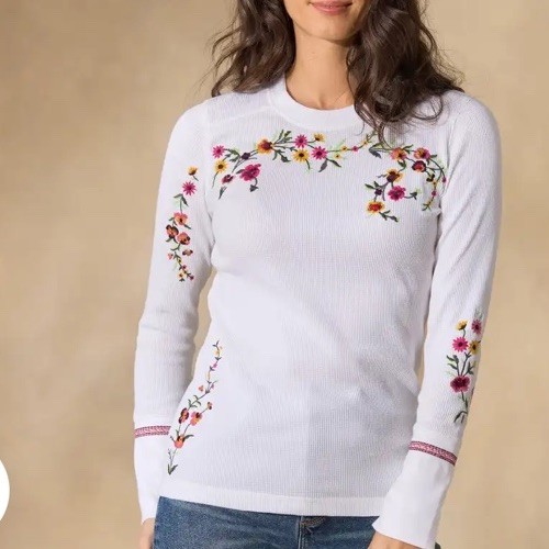 NEW Sundance Catalog White Frosty Fields Floral Embroidered Thermal Henley PM