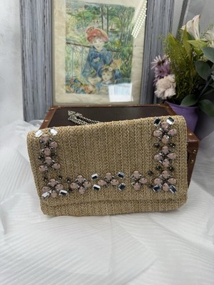 Glint Beaded Straw Clutch Crossbody Bag With Silver Chain Used 10in x 6.5