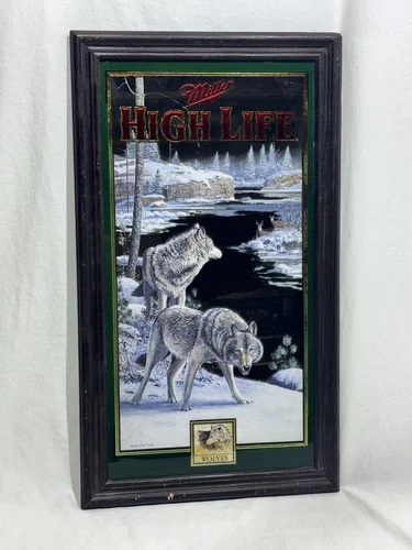 VTG Miller High Life Wolves Beer Mirror Bar Sign Man Cave Wall Decor Pub Brewery
