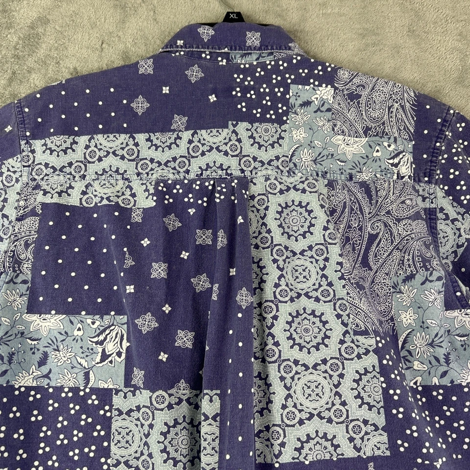 Bugle Boy Co Shirt Medium Vintage 90's Bandana Blue Patchwork Button Up Y2K - Image 4 of 4