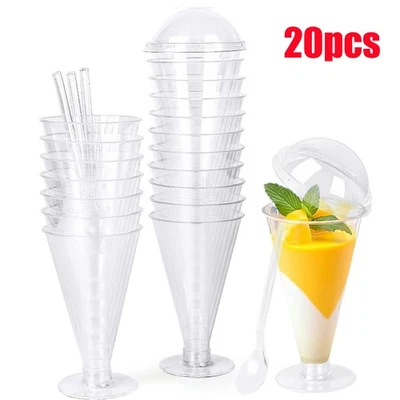 20Pcs Plastic Martini Glasses Dessert Cups with Lids Spoons Ice Cream Cups 6OZ