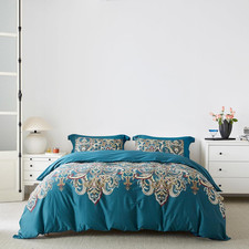 Teal Bohemian Duvet Cover King 100 Egyptian Cotton 3 Pcs Set 1 Boho Damask Patt