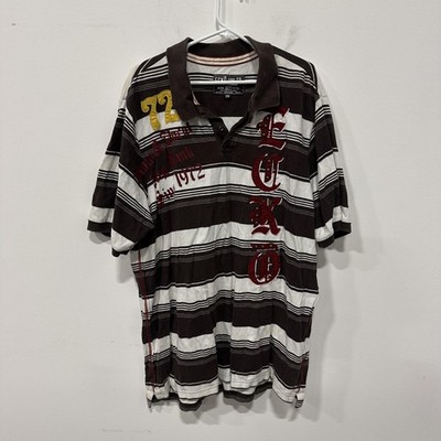 Ecko Unltd Polo Shirt Mens 2XL Brown White Striped Graphic Short Sleeve