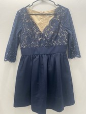 Eliza J Lace Fit and Flare Dress Faille Cocktail Navy 3/4 Sleeve Size 8 Hemmed