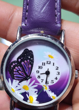 Purple Faux Leather Strap Butterfly Floral Analog Quartz Wristwatch
