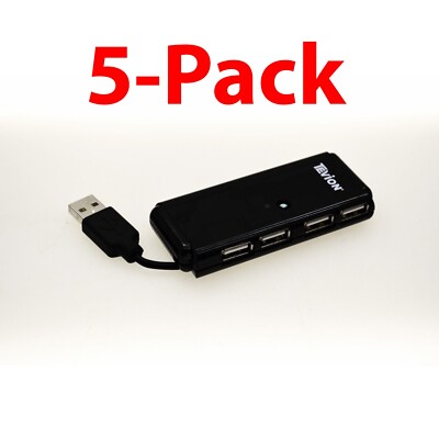 (5-Pack) Mini 4 Port USB 2.0 High Speed Hub 480 Mbps for PC Laptop Black