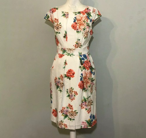 NWT Modcloth Elegant Reflections White Floral Sheath Pleats Dress Pockets Medium - Picture 6 of 12