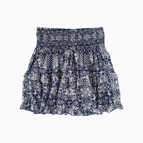 Veronica M Mini Skirt Blue White Ikat Pattern Tier Ruffle Hem Boho Coquette Sz S