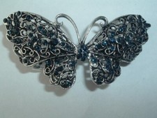VINTAGE BLUE RHINESTONE BUTTERFLY METAL HAIR BARRETTE UP DO HAIR ACCESSORY