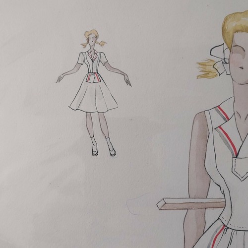 Vintage Fashion Sketch Tennis Outfit 17,5"x11,5" Aquarell in Kunststoff verpackt - Bild 3 von 7