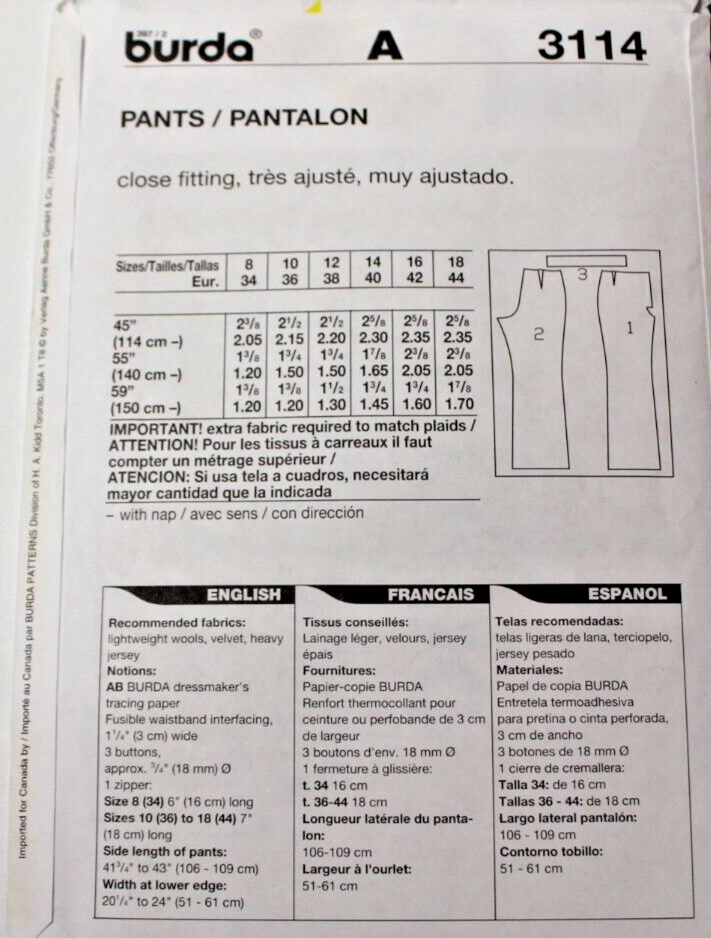 Burda 3114 Misses Pants 81012141618 Waist Band, Front Zipper