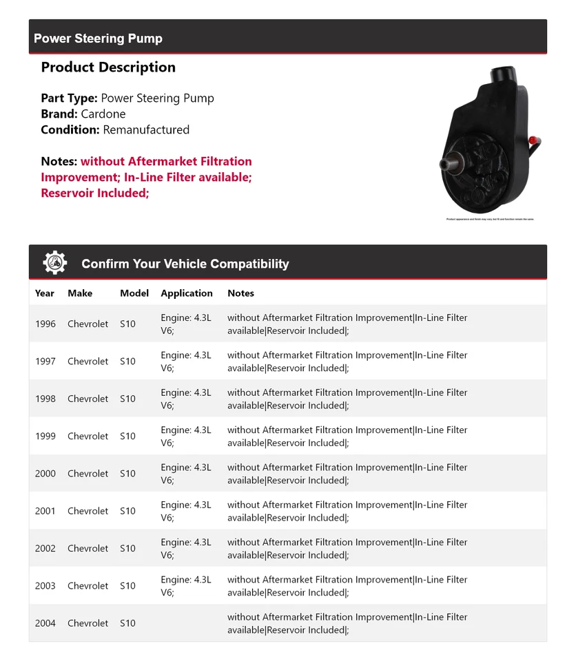 For 1996-2004 Chevrolet S10 Power Steering Pump Cardone 1997 1998 1999 2000 2001 - Image 2 of 4