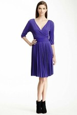 BCBGMAXAZRIA Purple Jersey Wrap Dress Accordion Pleat M V-neck 3/4 Sleeve BMK