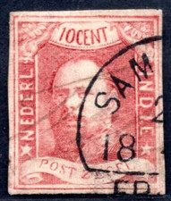 NETHERLANDS INDIES 1864 SCOTT #1 IMPERF NEAT 4-MARGIN COPY NEAT CANCEL
