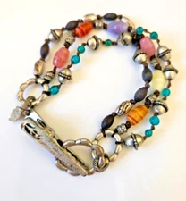 Lucky Brand Beaded Clip Bracelet Triple Strand Glass & Silver Tone Beads