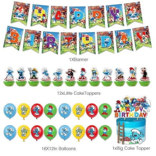 Smurfs Theme Birthday Party Decoration Set for Kids,Banner Cake Toppers Balloons - Picture 2 of 7