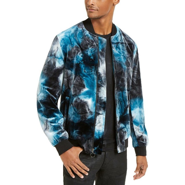 Inc Men Jacket Blue Size Large L Full Zip Velvet Tie Dye Bomber 051