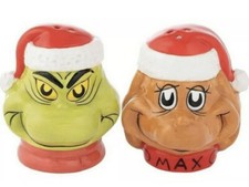 Dr. Seuss The GRINCH and Max Ceramic Salt  Pepper Shaker Christmas Set NEW 3  