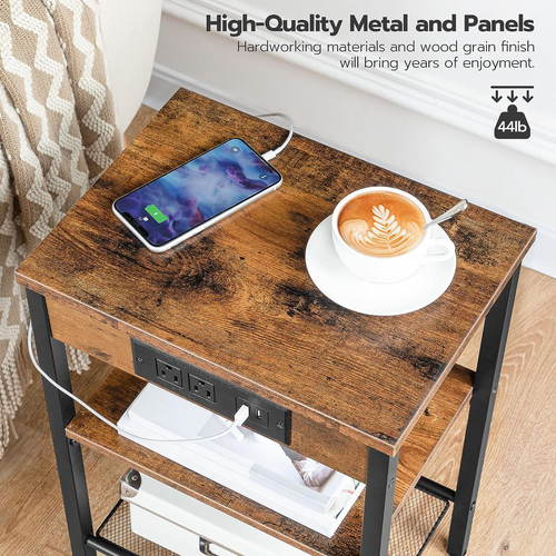 HOOBRO End Table Set of 2 with Charging Station and USB Rustic Brown + Black - Picture 9 of 9