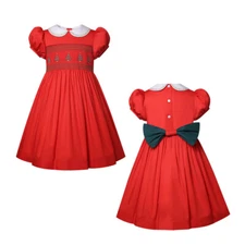 Red Christmas Smocked Dress for Girls Puff Sleeves Peter Pan Collar 2-12 Years