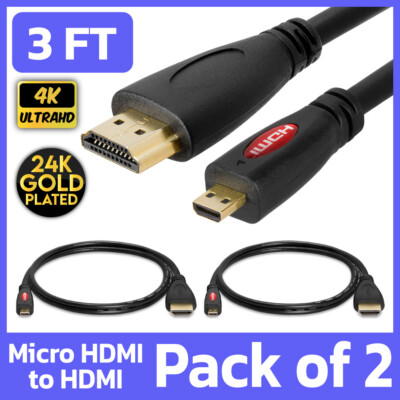 2 Pack Micro HDMI to HDMI Cable 3 FT Raspberry Pi 4K TV Camera Sony Nikon Lenovo