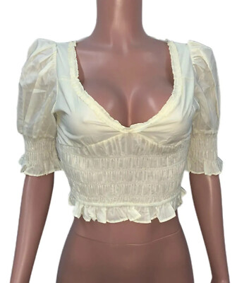 Vtg-y Off White Linen Smocked Coquette Summer Puffy Sleeves Top Milkmaid Y2K