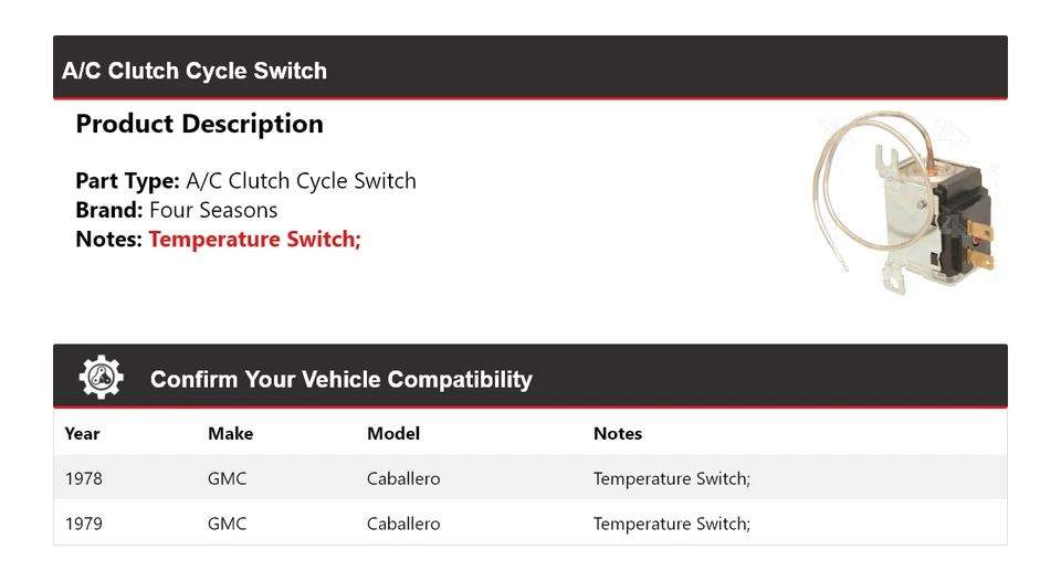 For 1978-1979 GMC Caballero A/C Clutch Cycle Switch 4 Seasons - Image 2 of 4