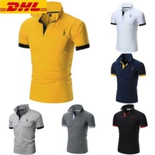 Mens Short Sleeve Turn Dowan Collar Shirt Slim Casual Blouse Pullover T-Shirts `