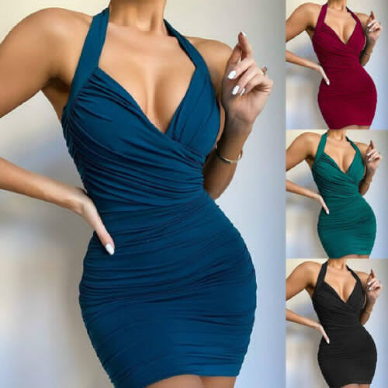 Sexy Women Deep V Neck Mini Dress Backless Bodycon Halterneck Party Club  Dress | eBay