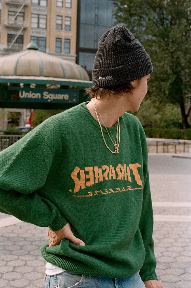 Supreme シュプリーム ニット サイズ:M 21AW THRASHER スラッシャー クルーネック ニット セーター Sweater ブラック 黒 トップス コラボ 長袖【メンズ】【美品】