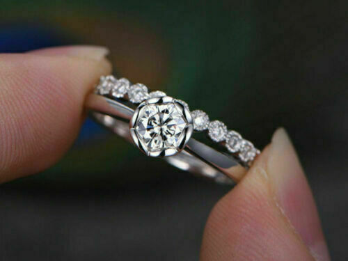 1.9Ct Round Diamond Lab-Created Bride Sets Wedding Surprise Ring 14K White Gold - Picture 1 of 8