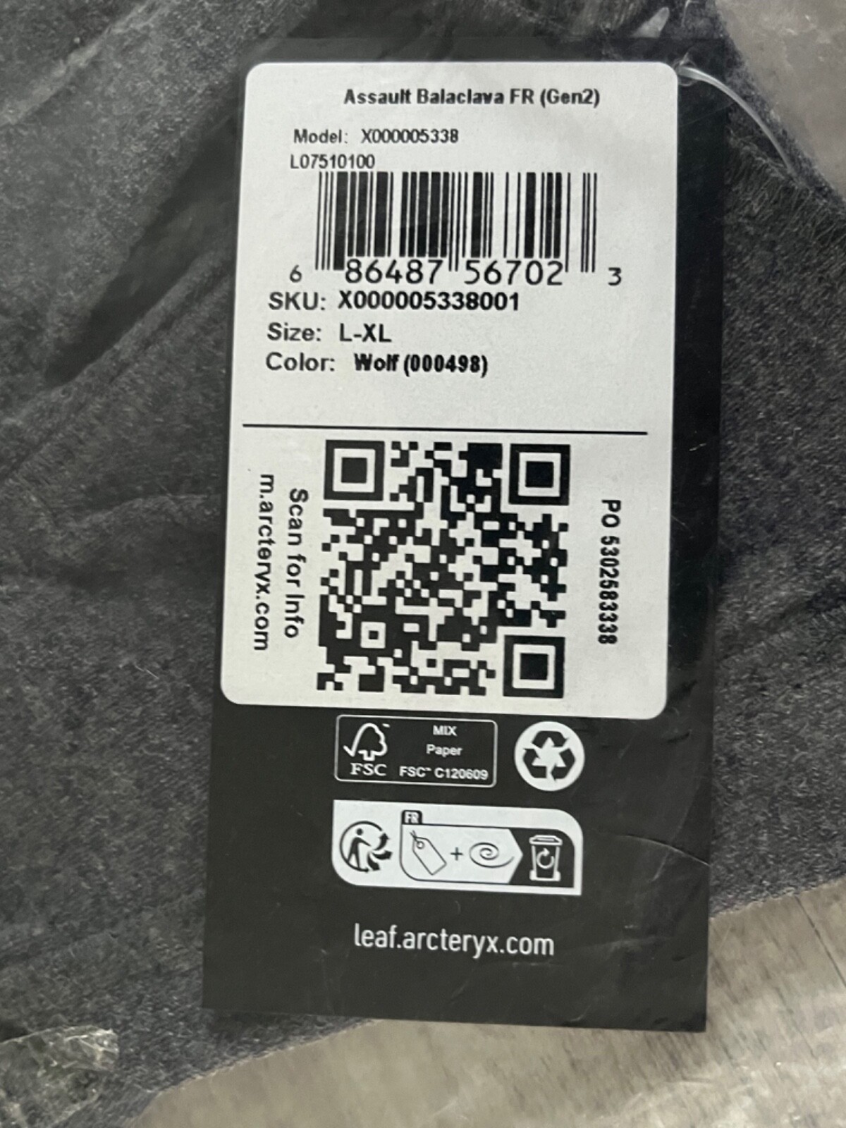 Balaclava d'assalto Arc'teryx foglia lupo grigio FR Gen2 taglia L XL nuovo con etichette