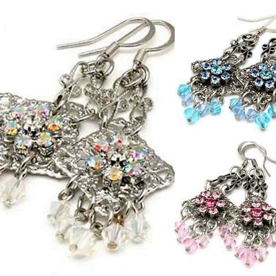 ANDANTE 2.5 in CLEAR BLUE or PINK FLORAL SILVER DANGLE HOOK PIERCED EARRINGS NEW