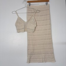 Freshman 1996 Women Two Piece Set Size M Cream Crochet Knit Maxi Skirt Crop Top