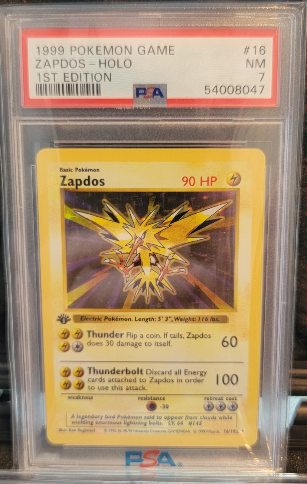 PSA 7 Zapdos 16/102 Base Set 1st Edition Shadowless 1999 Pokemon Card WOTC
