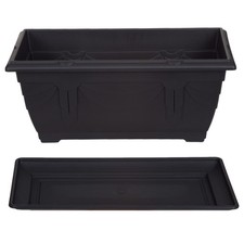 40cm Black Window Box Planter & Drip Saucer Venetian Plastic Plant Pot Rectangle