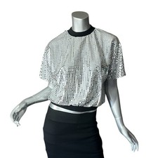 Vintage 80 s My Kinda Petite Silver Metallic Sequin Shiny Top Crew Neck Elastic