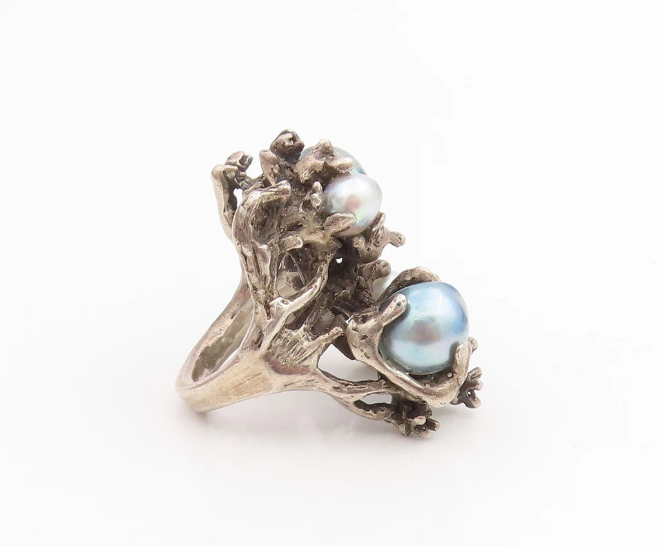 Anillo Vintage Plata de Ley 925 Perla Redonda Diseño Brutalista Talla 2 RG34224 Foto 4 de 4