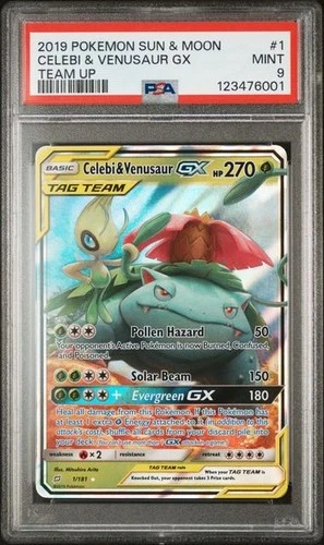 2019 POKEMON SUN & MOON TEAM UP #1 CELEBI & VENUSAUR GX PSA 9